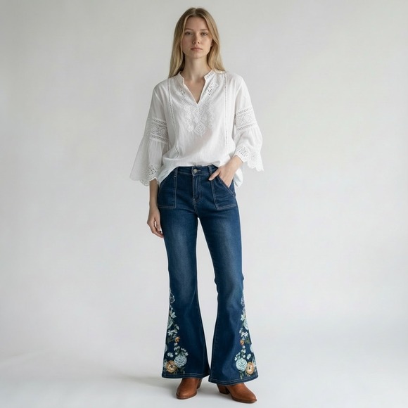 BAMBOO Denim - Bamboo Floral Embroidered Flare Jeans Dark Wash Bell Bottom High Rise Size 9
